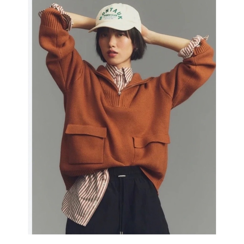 Anthropologie Rust Orange Quarter Zip Sailor Collar Pullover Sweater XS